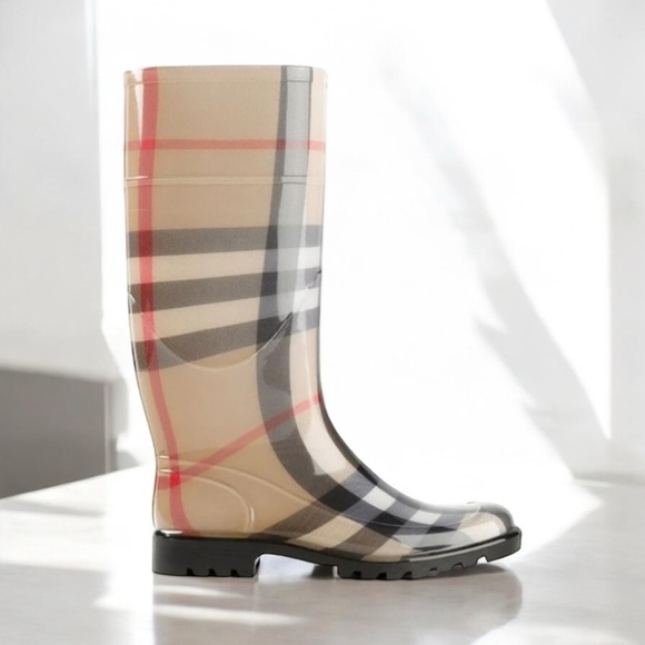 Burberry Lisson Classic Check Mid Calf Rain Boots - Beige/Red/Black, Size 38 - Picture 1 of 11